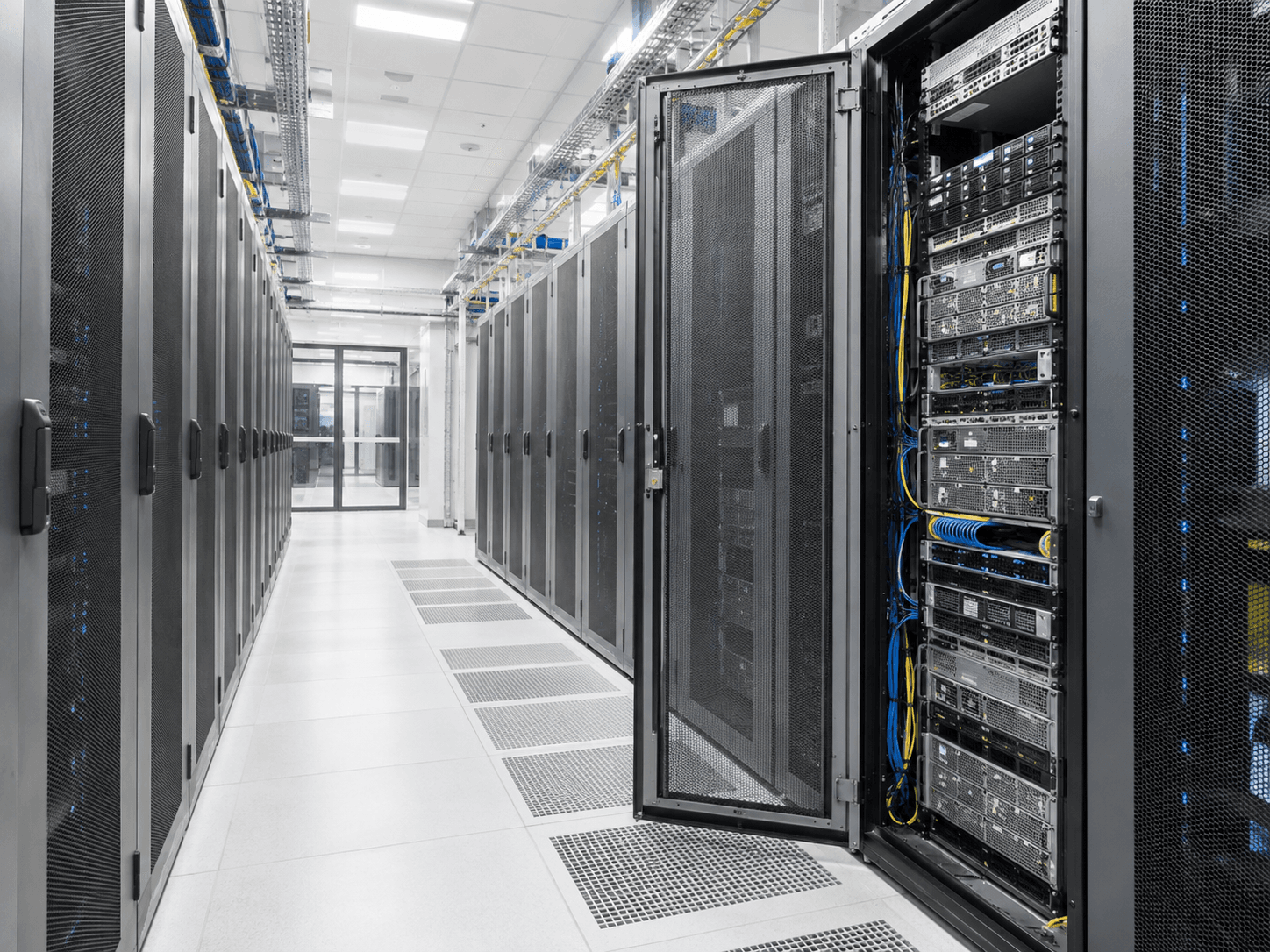 Bright data center aisle with dedicated server hardware